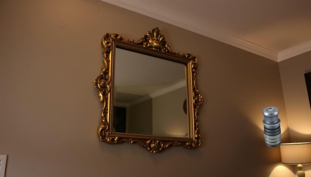 A dimly lit living room with a heavy, ornate mirror hanging securely on the drywall. The mirror's intricate gold frame glints in the soft, warm lighting, casting gentle reflections across the room. In the foreground, the wall surface and drywall anchors used to mount the mirror are visible, showcasing the care and attention taken to ensure a sturdy, safe installation. The background features a neutral, muted color palette, allowing the mirror to be the focal point. The overall scene conveys a sense of elegance and the importance of properly understanding wall composition and mirror weight when hanging a statement piece.