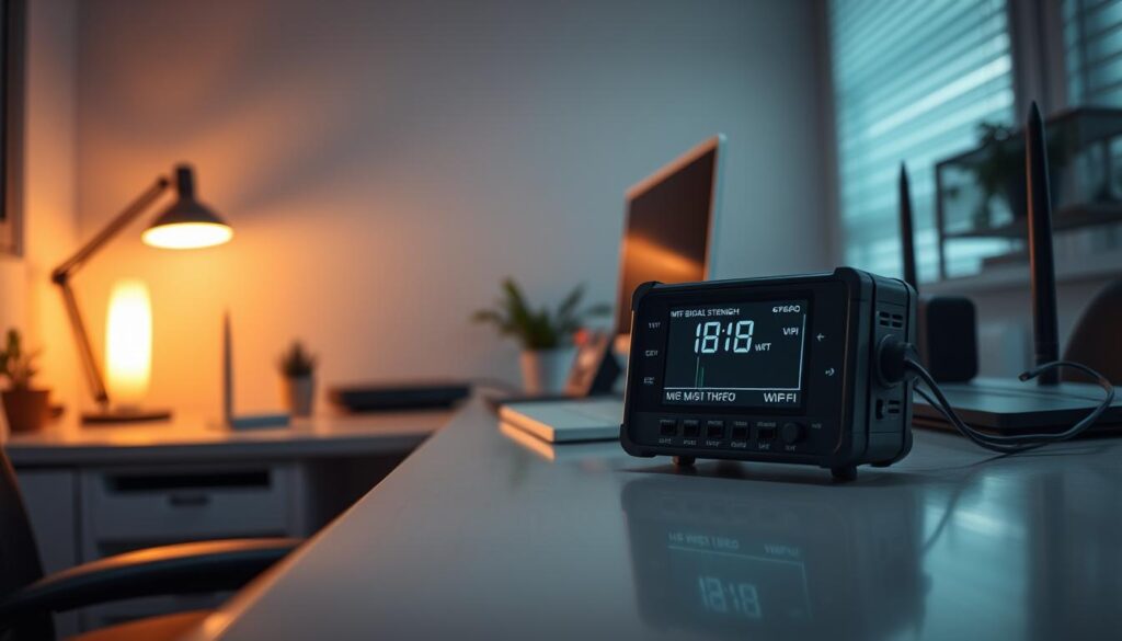 A dimly lit, modern home office with a desk and computer setup. On the desk, a high-quality digital multimeter displays the Wi-Fi signal strength, its readings reflected in the polished surface. The room is softly illuminated by a warm desk lamp, casting a cozy glow. Surrounding the desk, subtle hints of wireless router antennas and cables suggest the technical nature of the task at hand. The overall atmosphere conveys a sense of focused troubleshooting, with the Wi-Fi signal strength measurement as the central point of interest.