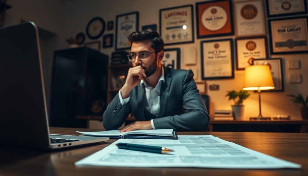 A dimly lit office setting, with a desk in the foreground showcasing a laptop, notepad, and a pen. The middle ground features a thoughtful business owner, hand on chin, contemplating a risk assessment document. The background reveals a wall adorned with certificates and accolades, conveying the small business's credibility. Soft, warm lighting casts a pensive atmosphere, emphasizing the importance of this risk evaluation process. A DSLR camera angle captures the scene, creating a sense of professionalism and attention to detail. The overall mood evokes the crucial role of risk assessments in guiding small businesses towards informed decision-making and sustainable growth.
