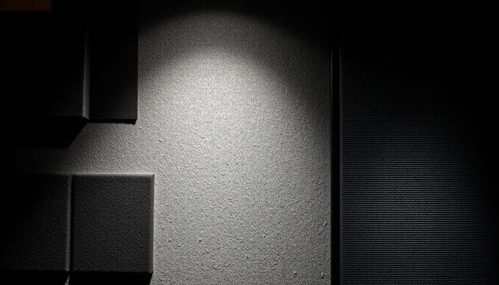 A dimly lit party wall, its surface adorned with various sound-absorbing materials. In the foreground, an array of acoustic panels in shades of grey and charcoal, strategically placed to mitigate the transmission of noise. The middle ground features a textured, acoustic-dampening insulation, its mottled surface acting as a barrier against unwanted sounds. In the background, a subtle pattern of perforated panels, their intricate design intended to scatter and absorb sound waves, creating a harmonious acoustic environment. The lighting is soft and atmospheric, casting gentle shadows that accentuate the depth and materiality of the soundproofing elements. The overall scene conveys a sense of careful planning and attention to detail, showcasing the various techniques employed to address the challenges of noise in a party wall setting.