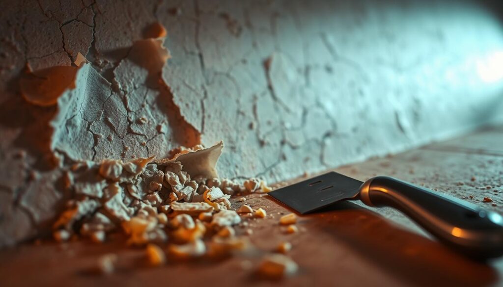 A dimly lit room, a peeling wallpaper revealing the cracked plaster beneath. The foreground shows a closeup of the adhesive residue, a stubborn network of dried glue clinging to the wall. In the middle ground, a scraper tool lies ready, its metal edge hinting at the effort required to remove this persistent remnant. The background is hazy, with soft shadows casting a sense of depth and the need for careful attention. The lighting is warm and muted, creating an atmosphere of patient restoration, underscoring the importance of properly addressing this essential step in the wallpaper removal process.