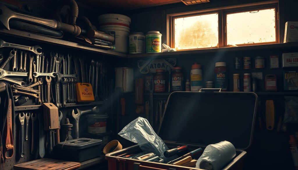 A dimly lit toolshed interior, shelves lined with an assortment of emergency maintenance supplies - wrenches, plumbers' snakes, flashlights, and first-aid kits. Rays of warm, golden light filter through the grimy windows, casting a soft glow over the well-worn equipment. In the foreground, a toolbox sits open, its contents spilling out - screwdrivers, duct tape, and a roll of plastic sheeting. The scene conveys a sense of preparedness and practicality, ready to address any unexpected building issues that may arise.
