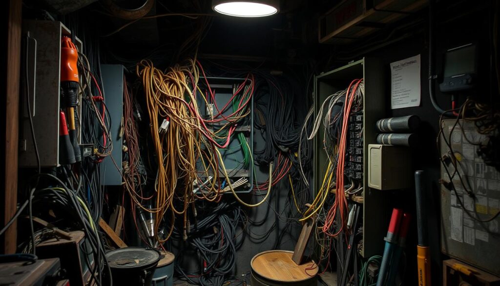 A dimly lit workshop interior, cluttered with tools and electrical equipment. Tangled wires and cables spill out from an open electrical panel, creating a chaotic, hazardous scene. Exposed wires with frayed insulation, incorrect wire colors, and improper connections hint at the careless mistakes of a previous repair. Shadowy corners and harsh shadows cast by a single overhead light emphasize the haphazard, unsafe nature of the work. The overall atmosphere conveys a sense of danger and the need for caution when dealing with electrical systems.