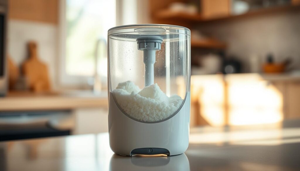 A dishwasher soap dispenser positioned in the foreground, its translucent plastic exterior revealing the accumulated detergent buildup within. Backlit by a warm, soft lighting, casting gentle shadows and highlighting the textural details. The dispenser sits atop a clean, white surface, with a blurred kitchen background suggesting a domestic setting. The composition emphasizes the dispenser's form and the problem at hand, conveying a sense of practical problem-solving within a familiar, everyday context.