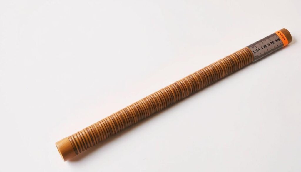 A finely crafted rattan cane, its intricate weave illuminated by warm studio lighting, resting against a plain white background. The cane's length is clearly visible, with a ruler or measurement scale positioned alongside, allowing precise assessment of its dimensions. The image conveys a sense of simplicity and attention to detail, perfectly suited to illustrate the "Assessing Your Chair Before Starting" section of the article on rattan chair repair.