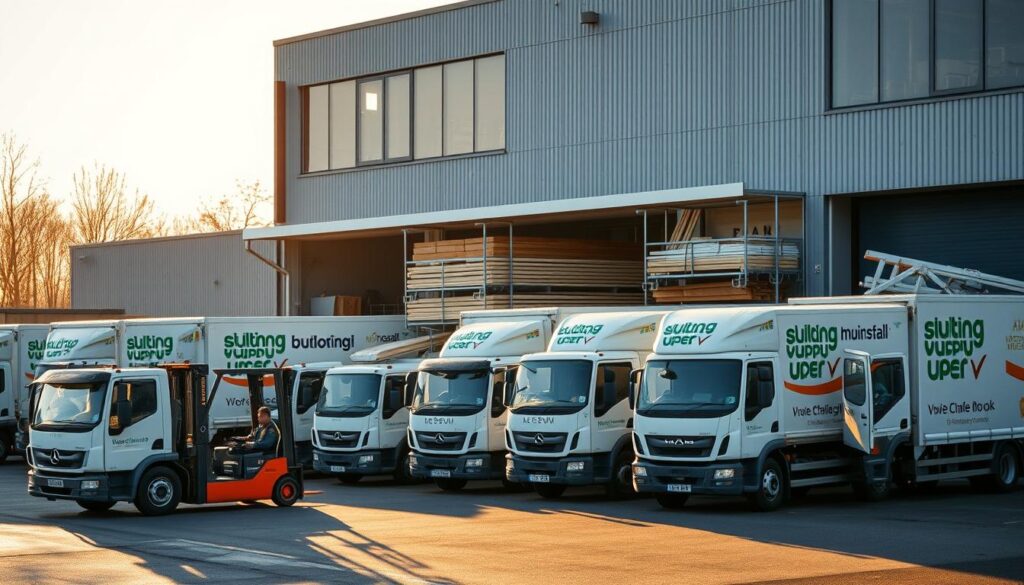 A fleet of cargo trucks and vans parked outside a modern, well-stocked building supply warehouse. Forklifts and workers load construction materials like lumber, drywall, and roofing onto the vehicles. The scene is bathed in warm, diffused natural light filtering through large windows, creating long shadows and a sense of activity and efficiency. The trucks' logos and branding are clearly visible, highlighting the delivery services offered by this Leicester-based supplier. The overall atmosphere conveys a well-organized, professional operation catering to the construction needs of the local community.