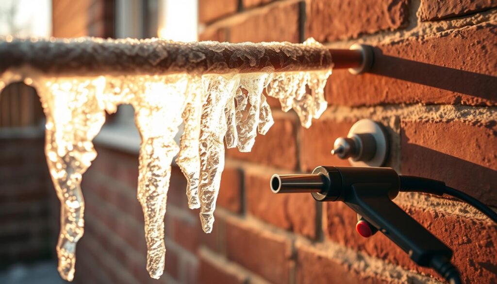 A frozen water pipe running along a brick wall, with ice crystals forming intricate patterns across its surface. Warm, golden sunlight filters through a nearby window, casting a soft glow and creating a contrast between the frozen and thawing elements. The pipe's metallic exterior reflects the light, hinting at the gradual melting process. In the foreground, a set of pliers and a small blowtorch lie ready, suggesting an imminent attempt to thaw the frozen section. The scene evokes a sense of careful, patient restoration, as the homeowner prepares to address the issue with the appropriate tools and techniques.