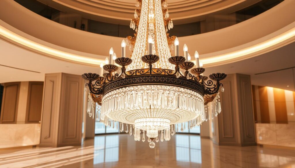 A grand, ornate chandelier with intricate metalwork and cascading crystal prisms, illuminating a high-ceilinged room with a warm, ambient glow. The chandelier takes center stage, its elegant silhouette reflected in a polished marble floor below. Soft, diffused lighting bathes the space, creating a serene and refined atmosphere. The chandelier's dynamic, layered design casts intricate patterns of light and shadow, adding depth and visual interest. This captivating centerpiece effortlessly elevates the space, showcasing the timeless beauty and functionality of a well-placed chandelier.