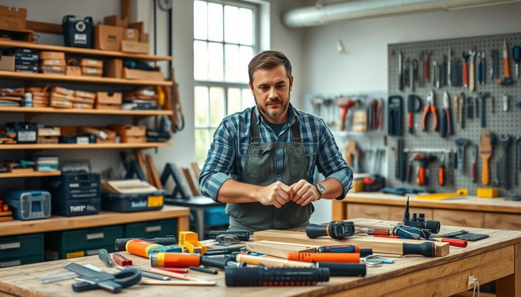A handyman standing in a well-lit workshop, carefully arranging a variety of tools and materials on a sturdy workbench. The background features shelves stocked with an assortment of hardware, a pegboard displaying an organized collection of hand tools, and large windows that let in natural light, creating a warm, inviting atmosphere. The handyman's expression exudes expertise and confidence, as they meticulously prepare for a content creation session, ready to share their knowledge and demonstrate their skills to an online audience.