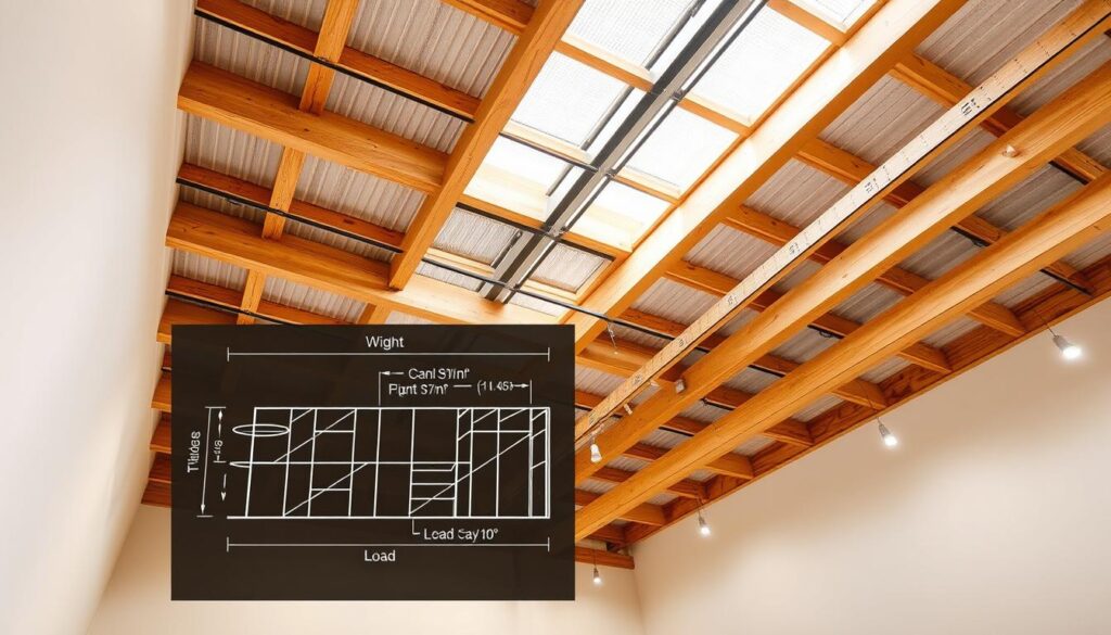 A high-angle view of a ceiling grid, illuminated by soft, indirect lighting. The grid is composed of sturdy wooden beams, with visible weight distribution and load-bearing capacity markings. In the foreground, a detailed schematic diagram overlays the image, illustrating the weight considerations and load calculations for various ceiling storage configurations. The background features a minimalist, clean-lined interior, emphasizing the importance of maximizing vertical space. The overall mood is one of technical precision, practical application, and efficient space utilization.