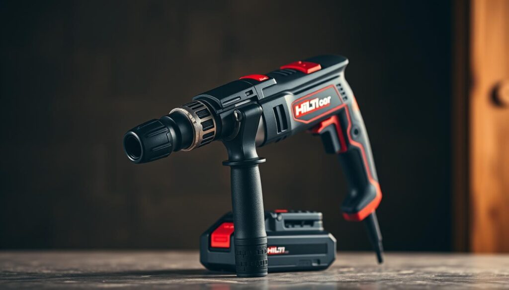 A high-detailed, professionally-lit photograph of the Hilti Nuron SF4H-22 cordless hammer drill, capturing its sleek design and ergonomic features. The drill is positioned in the center of the frame, with a slight angle to showcase its angled handle and compact body. The foreground is sharp and in focus, while the background is softly blurred, creating a sense of depth and emphasis on the drill itself. Warm, directional lighting illuminates the drill's textured surface and metallic accents, highlighting its robust construction and premium quality. The overall mood is one of precision, power, and versatility - reflecting the drill's suitability for demanding construction and renovation tasks.