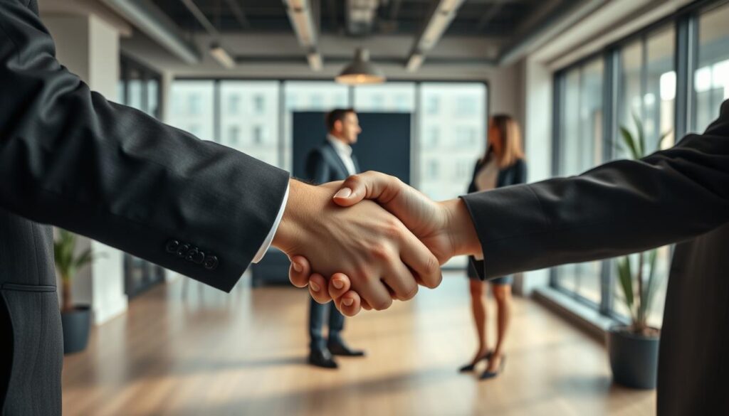 A high-key, cinematic image of two business executives shaking hands against a backdrop of a modern office. The foreground shows the handshake, conveying a sense of cooperation and mutual understanding. The middle ground features the executives dressed in professional attire, their body language indicating an open and collaborative relationship. The background showcases the office environment with minimalist decor, large windows, and subtle lighting that creates a warm, inviting atmosphere. The overall scene suggests a strategic, long-term partnership between the two parties.