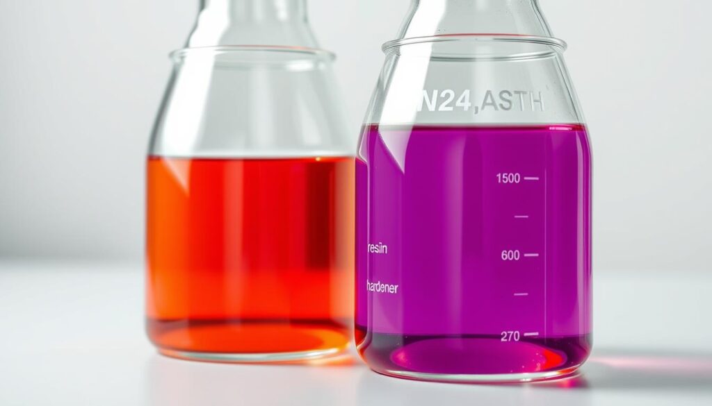 A high-quality, close-up image of two transparent glass beakers containing epoxy resin and hardener. The beakers are placed on a clean, white laboratory table, with a neutral background. The liquids are shown in their natural states, with the resin appearing slightly viscous and the hardener more fluid. Bright, even lighting from above illuminates the scene, allowing the viewer to clearly see the distinct colors and textures of the two components. The focus is sharp, and the depth of field is shallow, drawing the eye to the important details of the epoxy system. The overall mood is one of precision, clarity, and scientific understanding.
