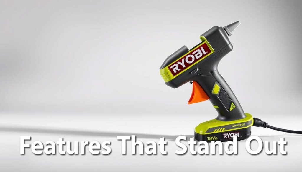 A high-quality, close-up photograph of a Ryobi 18V cordless glue gun, showcasing its key features in a well-lit, studio-style setting. The glue gun is positioned prominently in the foreground, its sleek, ergonomic design and bold Ryobi branding clearly visible. The middle ground features a clean, neutral background, allowing the tool to take center stage. Soft, directional lighting highlights the texture of the plastic housing and metallic accents, creating depth and dimension. The camera angle is slightly elevated, providing an optimal viewing angle to appreciate the form and function of this versatile power tool. An overall professional, detailed, and visually appealing image that effectively conveys the "Features That Stand Out" of the Ryobi 18V Glue Gun.
