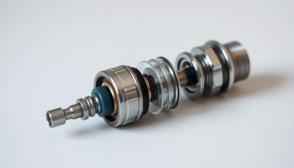 A high-quality close-up photograph of a disassembled kitchen mixer tap cartridge, showcasing its internal components in vivid detail. The cartridge is positioned on a clean, neutral-colored surface, illuminated by soft, diffused lighting that accentuates its intricate mechanics. The image focuses on the cartridge's key elements, such as the valve, springs, and seals, presenting them in a clear, well-organized manner to aid understanding. The overall mood is informative and technical, with a sense of precision and attention to detail, conveying the importance of understanding the inner workings of a kitchen mixer tap for proper maintenance and replacement.