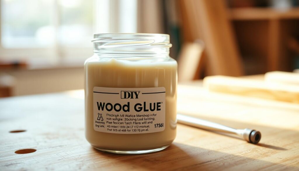 A high-quality close-up photograph of a small glass jar filled with thick, creamy-colored wood glue. The jar is resting on a clean, wooden workbench, illuminated by soft, diffused natural light from a window in the background. The glue has a slightly glossy, translucent appearance, and the jar's label is clearly visible, providing technical details about the product. The scene conveys a sense of order, precision, and the tools necessary for a DIY woodworking project, such as a rocking chair repair.