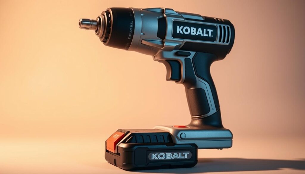 A high-quality, close-up shot of a Kobalt cordless impact wrench showcasing its ergonomic design. The tool is positioned on a clean, neutral background, allowing the focus to remain on its sleek, modern appearance. Careful attention is paid to the wrench's contoured handle, trigger placement, and balanced weight distribution, highlighting the tool's user-friendly and comfortable handling. Warm, indirect lighting casts subtle shadows that accentuate the wrench's robust construction and premium materials. The overall composition conveys a sense of professionalism, functionality, and attention to detail, perfectly aligning with the "Design and Build Quality" section of the article.
