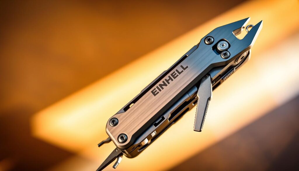 A high-quality, close-up shot of the Einhell Power X-Change Multitool Performance, showcasing its sleek and sturdy design. The tool is positioned in the center of the frame, lit from the side to highlight its brushed metal finish and the intricate details of its components. The background is slightly blurred, creating a sense of depth and focus on the multitool. The lighting is warm and natural, conveying a sense of power and reliability. The image captures the versatility and performance of the tool, reflecting the "Power and Performance" section of the article.