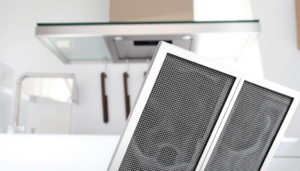 A high-quality cooker hood filter in a clean, well-lit kitchen setting. The filter is positioned prominently in the foreground, its metal mesh and charcoal pads clearly visible. The background features clean, white tile walls and a modern, stainless steel cooker hood, casting a soft, even light across the scene. The image conveys a sense of order and functionality, emphasizing the importance of maintaining and replacing the filter to ensure optimal kitchen ventilation and air quality.