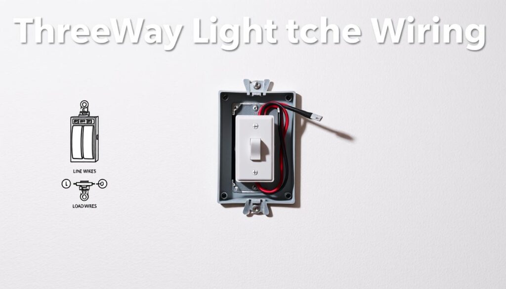 A high-quality, detailed image of a three-way light switch wiring system. The foreground shows the wiring diagram with clear labeling of the components: the three-way switch, line wires, load wires, and ground wires. The middle ground features the open switch box with the wires neatly connected. The background depicts the wall where the switch box is installed, with a clean, minimalist aesthetic that highlights the technical details. The lighting is bright and even, creating clear shadows and highlights to emphasize the wiring structure. The camera angle is slightly angled to provide an optimal view of the switch box and wiring. The overall mood is informative and educational, suitable for illustrating a step-by-step guide on three-way light switch wiring.