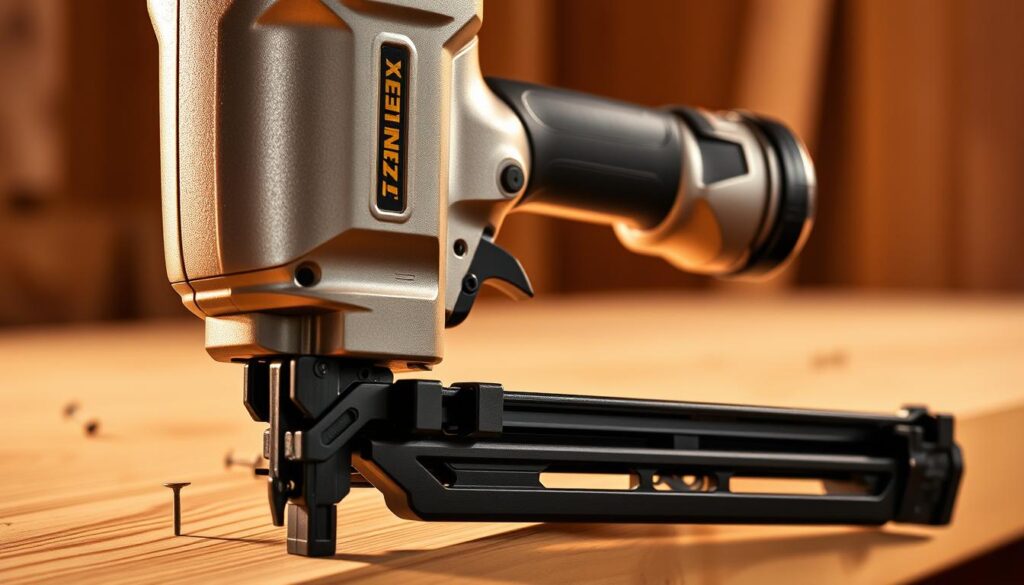 A high-quality, detailed image of the Stanley FatMax V20 nailer in action, captured with a professional camera lens. The nailer is prominently featured in the foreground, its sleek, metallic body gleaming under the warm, focused lighting. In the middle ground, a wooden surface with several nails driven in, showcasing the tool's power and precision. The background is softly blurred, creating depth and drawing the viewer's attention to the central subject. The scene conveys a sense of efficiency and craftsmanship, perfectly capturing the performance capabilities of this specialized power tool.