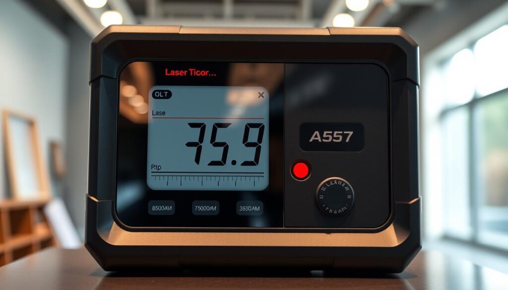 A high-quality laser distance measurer display showcased in a clean, well-lit environment. The device's sleek, modern design is prominently featured, with a large, easy-to-read digital display in the center. The display shows precise distance measurements, indicating the tool's accuracy. The foreground is in sharp focus, while the background is softly blurred, directing the viewer's attention to the key features. Subtle reflections on the display's surface suggest a professional-grade, durable construction. The overall mood is one of precision, reliability, and attention to detail - qualities that are essential for a budget-friendly, yet high-performance laser distance measurer.