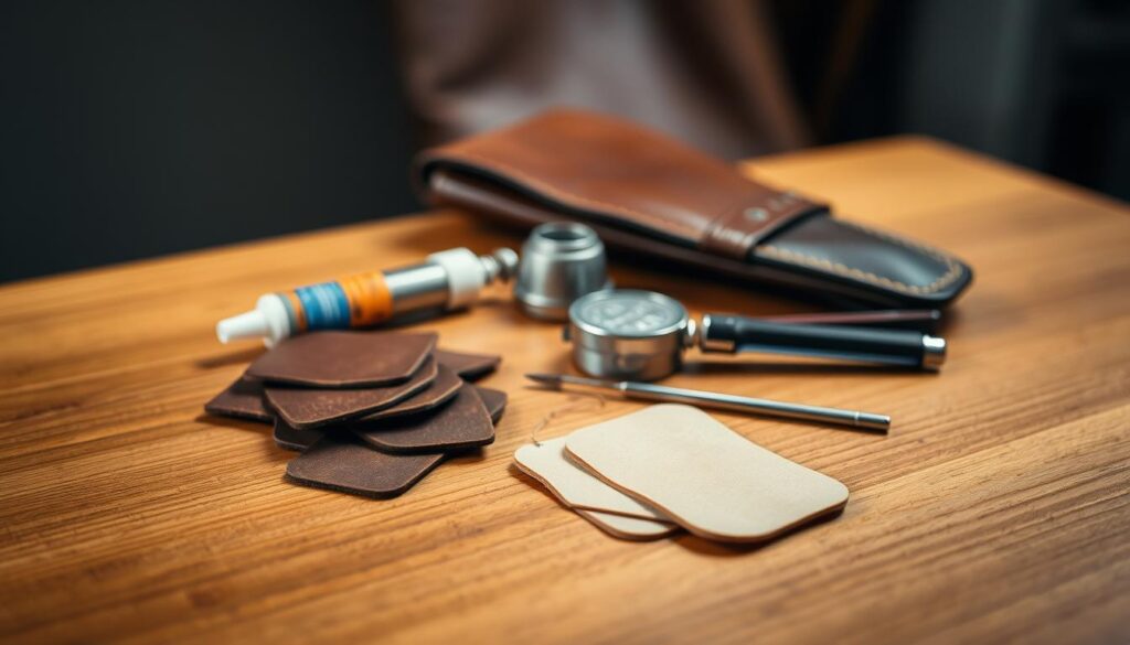 A high-quality leather repair kit with various tools and materials neatly arranged on a smooth, wooden surface. In the foreground, a set of leather patches, glue, and a needle and thread stand out against the warm, natural tones of the wood. In the middle ground, a small, metal burnishing tool and a sharp knife sit alongside a small container of leather conditioner. The background is softly blurred, creating a sense of focus on the essential tools for mending and restoring worn or damaged leather. Soft, directional lighting casts subtle shadows, emphasizing the textures and materials. The overall atmosphere is one of craftsmanship, attention to detail, and the practical solution to repairing specific types of leather damage.