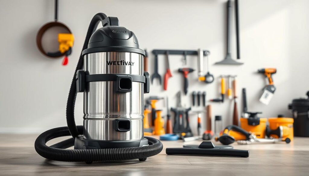 A high-quality wet-dry shop vacuum cleaner standing prominently in the foreground, its sturdy construction and powerful suction capabilities clearly visible. The stainless steel body reflects the bright lighting, while the rubber hose and adjustable nozzle attachments are displayed in sharp detail. In the middle ground, various DIY tools and home improvement accessories are neatly arranged, hinting at the versatility of this multi-purpose vacuum. The background features a clean, minimalist workspace, with a neutral color palette that emphasizes the sleek, modern design of the shop vac. Crisp shadows and soft highlights create a sense of depth and dimension, resulting in a visually striking and informative image.
