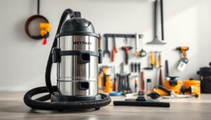 A high-quality wet-dry shop vacuum cleaner standing prominently in the foreground, its sturdy construction and powerful suction capabilities clearly visible. The stainless steel body reflects the bright lighting, while the rubber hose and adjustable nozzle attachments are displayed in sharp detail. In the middle ground, various DIY tools and home improvement accessories are neatly arranged, hinting at the versatility of this multi-purpose vacuum. The background features a clean, minimalist workspace, with a neutral color palette that emphasizes the sleek, modern design of the shop vac. Crisp shadows and soft highlights create a sense of depth and dimension, resulting in a visually striking and informative image.