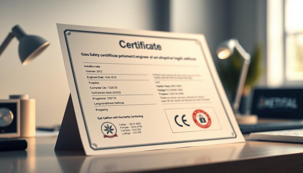 A high-resolution, photorealistic image of a gas safety certificate, showcased on a clean, well-lit desk. The certificate is displayed prominently, with a crisp, detailed view of the key information it contains, such as the installation date, the engineer's details, and the property address. The image has a professional, authoritative tone, with a soft, warm lighting that illuminates the document's official stamp and branding. The background is subtly blurred, keeping the focus on the certificate itself. The overall composition is balanced and visually appealing, capturing the essential details that a reader would expect to find in a gas safety certificate.