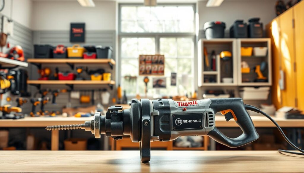 A high-resolution, photorealistic image of an oscillating multi-tool in a well-lit, modern workshop setting. The multi-tool is prominently displayed in the foreground, showcasing its various attachments and features. The middle ground features neatly organized power tools and accessories, while the background depicts a clean, organized workspace with shelves, cabinets, and a large window allowing natural light to flood the scene. The image conveys a sense of professionalism, functionality, and the versatility of the oscillating multi-tool.