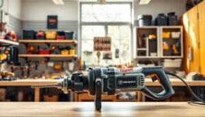 A high-resolution, photorealistic image of an oscillating multi-tool in a well-lit, modern workshop setting. The multi-tool is prominently displayed in the foreground, showcasing its various attachments and features. The middle ground features neatly organized power tools and accessories, while the background depicts a clean, organized workspace with shelves, cabinets, and a large window allowing natural light to flood the scene. The image conveys a sense of professionalism, functionality, and the versatility of the oscillating multi-tool.