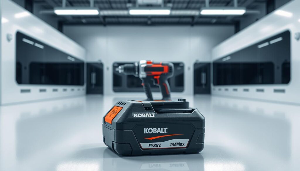 A high-tech laboratory setting with a sleek and modern design. In the foreground, a Kobalt 24V Max battery pack prominently displayed on a clean, well-lit surface. The battery's features are clearly visible, showcasing its robust construction and advanced technological components. In the middle ground, a Kobalt cordless impact wrench is positioned, its powerful design and efficient performance emphasized. The background features a minimalist backdrop, with soft, indirect lighting that creates a sense of depth and atmosphere. The overall composition conveys the battery's impressive capabilities and its seamless integration with the Kobalt power tool, highlighting the section's focus on "Battery Life and Charging".