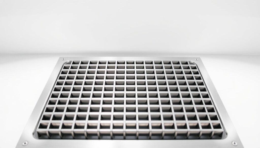 A highly detailed and technical extractor fan grille, prominently featured in the foreground with clean lines and a sleek, modern design. The grille is constructed from stainless steel, with a brushed metal finish that catches the light, creating a sense of depth and texture. The surrounding environment is minimalist, with a plain white background that allows the grille to be the central focus. The lighting is bright and evenly distributed, creating a crisp, well-lit image that showcases the grille's intricate features and emphasizes its functional elegance. The camera angle is slightly elevated, providing a clear, unobstructed view of the grille, conveying a sense of authority and importance.