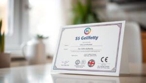 A highly detailed, photorealistic image of a gas safety certificate, shot in natural lighting with a shallow depth of field. The certificate is the focal point, occupying the center of the frame, with a soft, blurred background. The certificate is crisp and clean, showcasing the essential information such as the issuing authority, certification number, and expiration date. The overall composition conveys a sense of authenticity and professional quality, suitable for use in a home safety article.