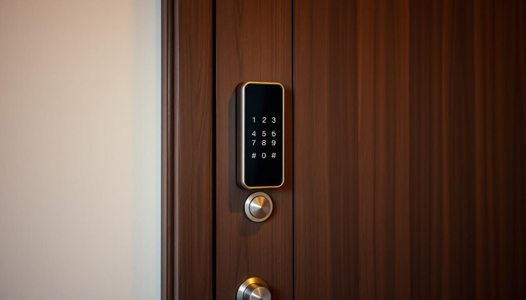 A keyless smart lock system in a modern, minimalist entryway. A sleek, metallic keypad is mounted on a wooden door frame, backlit with a soft glow. The lock mechanism is hidden, giving a clean, streamlined appearance. Warm, ambient lighting illuminates the scene, casting gentle shadows. The door frame is made of dark, rich wood, complementing the metallic hardware. The overall aesthetic is contemporary and inviting, communicating the convenience and security of a keyless entry system.