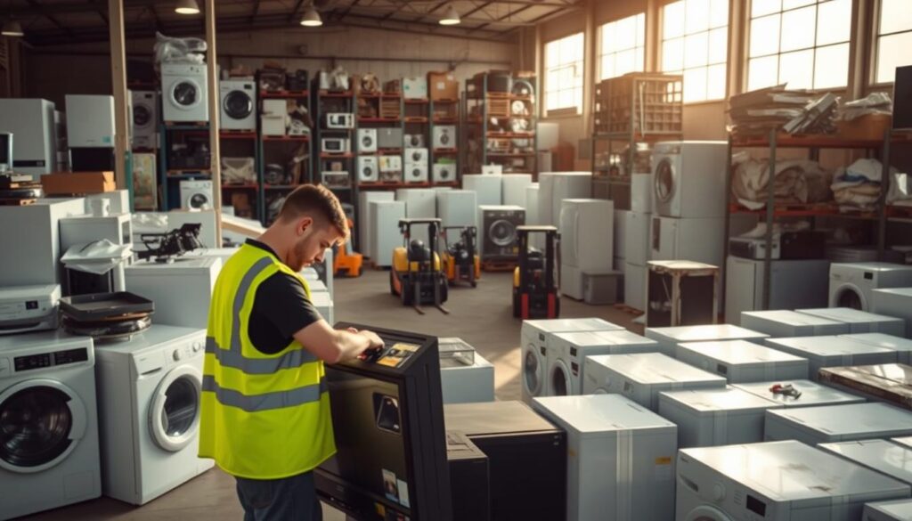 A large, well-organized appliance recycling centre in Coventry, with rows of discarded washing machines, refrigerators, and electronics neatly stacked and awaiting proper disposal. The facility is well-lit, with natural light streaming in through large windows, casting a warm, inviting glow over the scene. In the foreground, a worker in a high-visibility vest carefully dismantles a television, separating the various components for further processing. In the middle ground, forklifts move pallets of sorted materials, while in the background, towering shelves hold spare parts and salvaged components. The overall atmosphere is one of efficiency and environmental responsibility, reflecting Coventry's commitment to sustainable waste management.