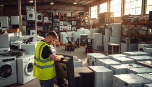 A large, well-organized appliance recycling centre in Coventry, with rows of discarded washing machines, refrigerators, and electronics neatly stacked and awaiting proper disposal. The facility is well-lit, with natural light streaming in through large windows, casting a warm, inviting glow over the scene. In the foreground, a worker in a high-visibility vest carefully dismantles a television, separating the various components for further processing. In the middle ground, forklifts move pallets of sorted materials, while in the background, towering shelves hold spare parts and salvaged components. The overall atmosphere is one of efficiency and environmental responsibility, reflecting Coventry's commitment to sustainable waste management.