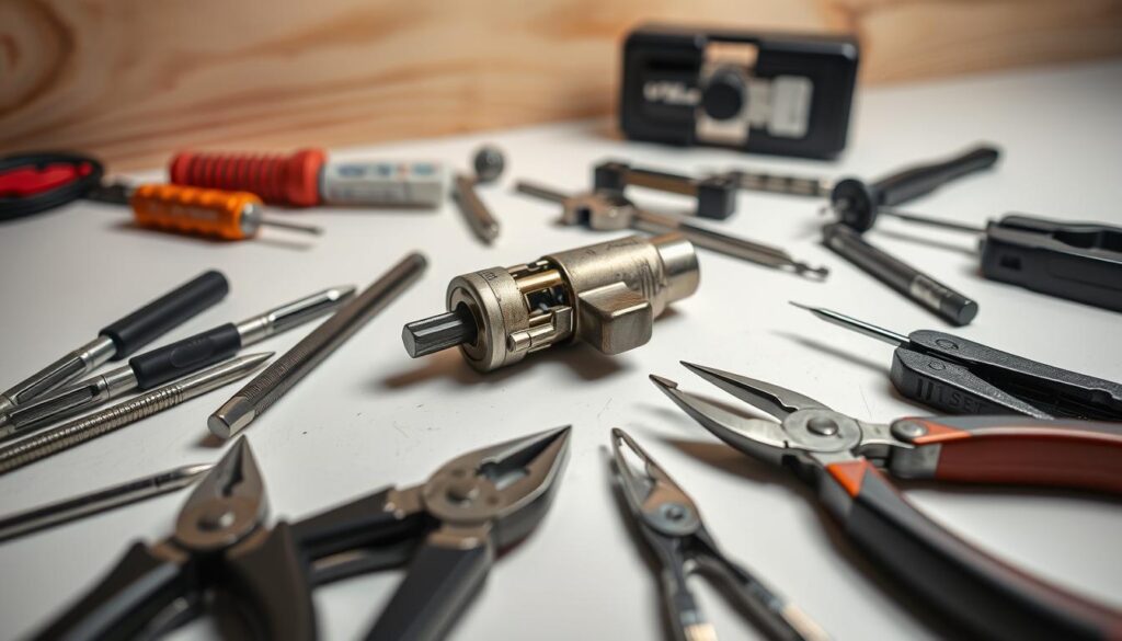 A meticulously arranged collection of multipoint door lock repair tools on a clean, well-lit workbench. In the foreground, a set of precision screwdrivers, pliers, and a multitool lay neatly organized. In the middle ground, a disassembled lock mechanism and a set of specialized lock pick tools provide a technical focus. The background features a subtle, blurred pattern reminiscent of a wooden door, hinting at the lock's intended application. The lighting is soft and directional, accentuating the tools' textures and metallic finishes, creating a professional, problem-solving atmosphere.