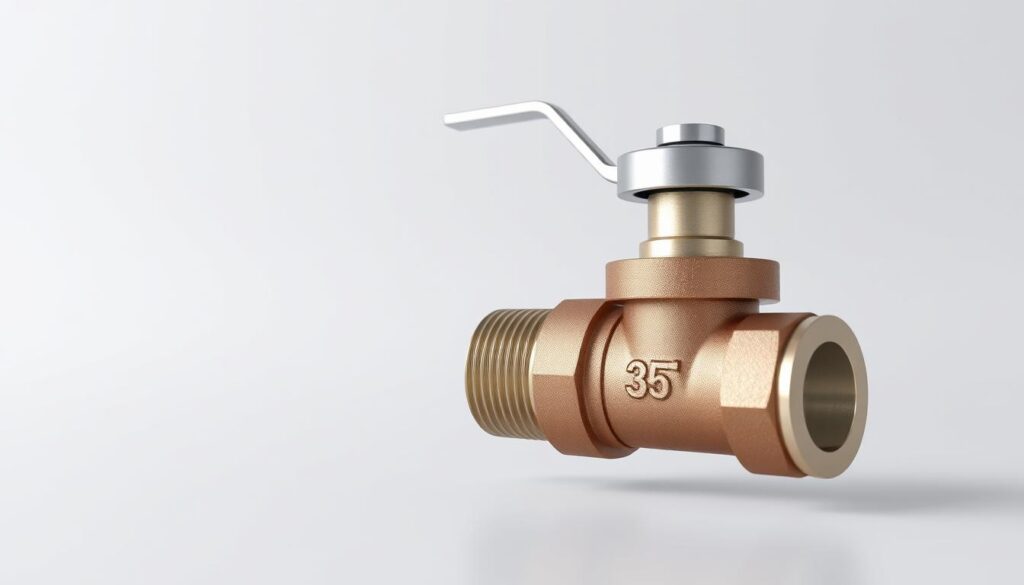 A meticulously detailed, high-resolution 3D render of an isolation valve for copper pipes, prominently displayed in the foreground against a clean, minimalist backdrop. The valve should be shown in a slightly elevated, angled perspective, allowing for clear visibility of its intricate components - the polished metal body, the smoothly turning handle, and the fine thread engravings. Soft, directional lighting from the upper left casts subtle shadows, highlighting the valve's solid construction and precise engineering. The overall mood is one of technical precision and functional elegance, reflecting the careful consideration required when choosing the right isolation valve for copper pipe installations.