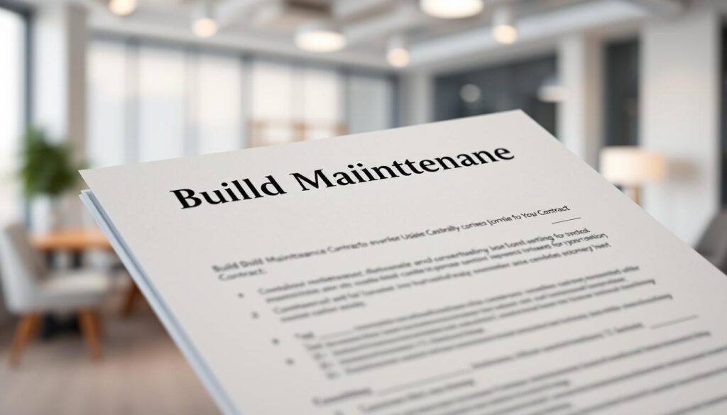 A meticulously detailed, high-resolution image of a build maintenance contract document, with crisp typography and a clean, professional layout. The document is set against a slightly blurred background of a modern office interior, with minimalist furniture and neutral colors. Soft, diffused lighting from overhead illuminates the scene, creating a sense of calm and professionalism. The contract pages are rendered with a tactile, textured paper-like quality, inviting the viewer to examine the contents closely. The overall composition conveys the importance and seriousness of a build maintenance contract for landlords.
