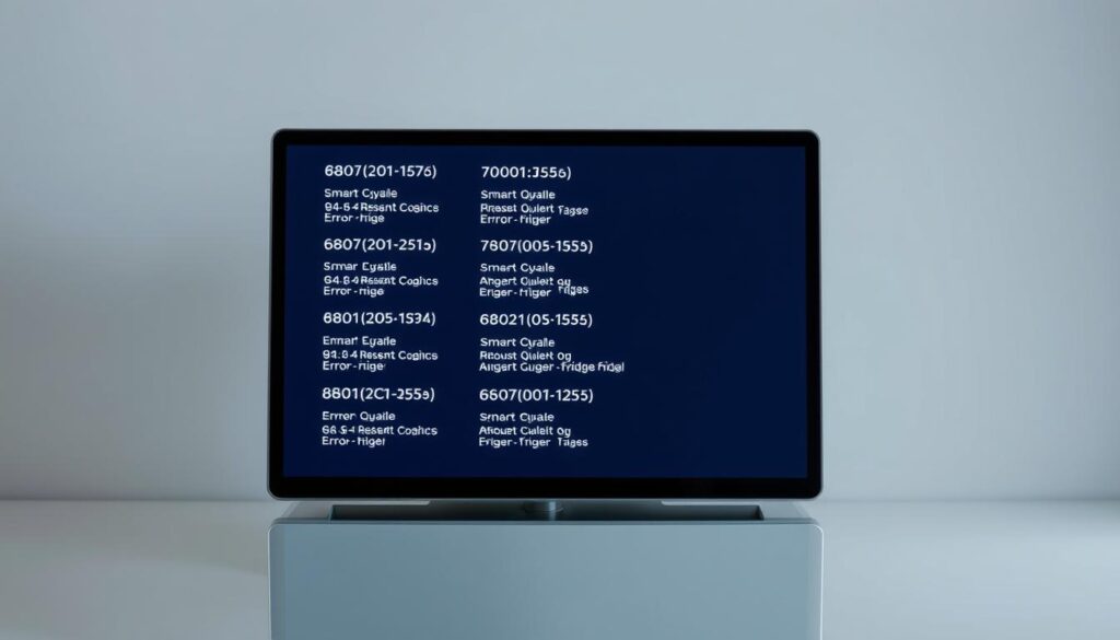 A minimalist still life showcasing a collection of smart fridge error codes displayed on a sleek, modern digital interface. The screen is set against a neutral background, bathed in a soft, diffused lighting that highlights the crisp, high-resolution text and symbols. The camera angle is slightly elevated, providing a clear, unobstructed view of the error codes. The composition is balanced and visually appealing, with a sense of technical precision and attention to detail that conveys the importance of understanding these diagnostic codes. The overall mood is one of calm, informative clarity, setting the stage for the article's exploration of how to quickly reset smart fridge errors.
