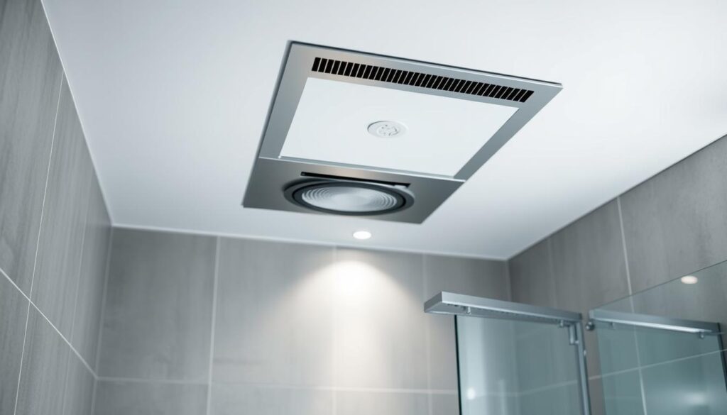 A modern bathroom with sleek, recessed inline extractor fan installation, showcasing a clean and minimalist design. The fan housing is seamlessly integrated into the ceiling, with a chrome or brushed metal finish that blends seamlessly with the surrounding tile or drywall. The installation features precise, measured cuts and a flush, level fit, creating a visually appealing and functional ventilation solution. Soft, diffused lighting illuminates the area, accentuating the subtle details and creating a calming, spa-like atmosphere. The overall scene conveys a sense of effortless functionality and attention to detail, complementing the step-by-step guide for preparing the installation.