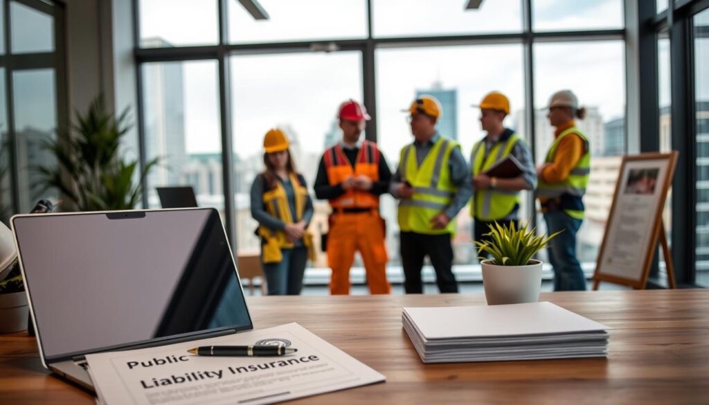 A modern office setting, with a sleek, minimalist aesthetic. In the foreground, a wooden desk features a laptop, a pen, and a stack of documents labeled "Public Liability Insurance." Beside it, a potted plant and a framed certificate or document related to insurance policies. The middle ground showcases a group of tradespeople, such as a construction worker, an electrician, and a plumber, discussing their insurance options. In the background, large windows provide natural lighting, and a cityscape or a professional workplace environment is visible. The overall mood is one of professionalism, security, and attention to legal and financial responsibilities.