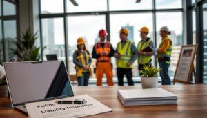 A modern office setting, with a sleek, minimalist aesthetic. In the foreground, a wooden desk features a laptop, a pen, and a stack of documents labeled "Public Liability Insurance." Beside it, a potted plant and a framed certificate or document related to insurance policies. The middle ground showcases a group of tradespeople, such as a construction worker, an electrician, and a plumber, discussing their insurance options. In the background, large windows provide natural lighting, and a cityscape or a professional workplace environment is visible. The overall mood is one of professionalism, security, and attention to legal and financial responsibilities.