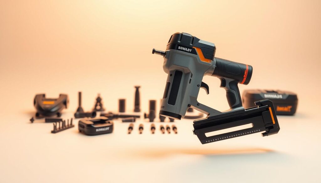 A modern, sleek cordless nail gun in the foreground, its ergonomic design and innovative features highlighted in a warm, well-lit studio setting. In the middle ground, a range of nail gun accessories and attachments, showcasing the versatility of the tool. The background features a clean, minimalist backdrop, allowing the nail gun to take center stage. The overall scene conveys a sense of cutting-edge technology, professional-grade performance, and a glimpse into the future of cordless power tools.