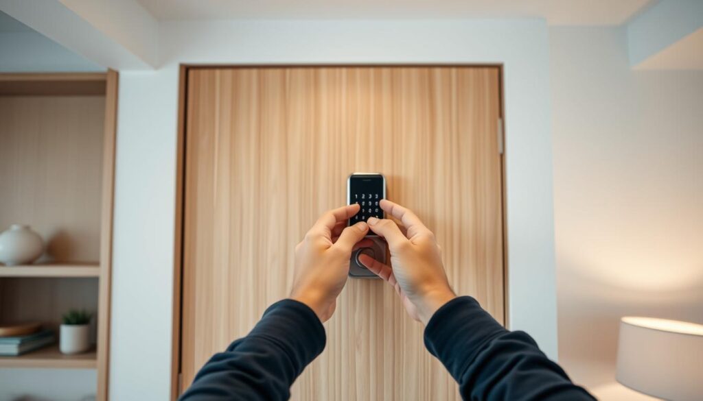 A modern, well-lit home interior with a wooden cabinet or wall panel. In the center, a person's hands carefully installing a sleek, minimalist keyless smart lock device. The lock has a digital keypad and smart home integration capabilities. The surroundings feature clean lines, neutral tones, and subtle decorative elements that complement the modern aesthetic. The lighting is soft and even, creating a calm, professional atmosphere. The composition emphasizes the lock installation process, with the person's hands in focus and the rest of the scene slightly blurred to draw attention to the key steps.