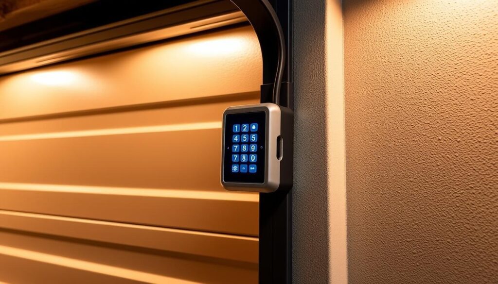 A modern, well-lit keypad attached to a sturdy garage door frame. The keypad's backlit buttons and sleek metallic finish stand out against the neutral-toned door. Warm, indirect lighting casts a soft glow, highlighting the convenience and accessibility of the entry system. The frame is made of durable materials, seamlessly integrated into the garage's architecture. The overall scene conveys a sense of security, technology, and effortless access - the perfect addition to a modern home.