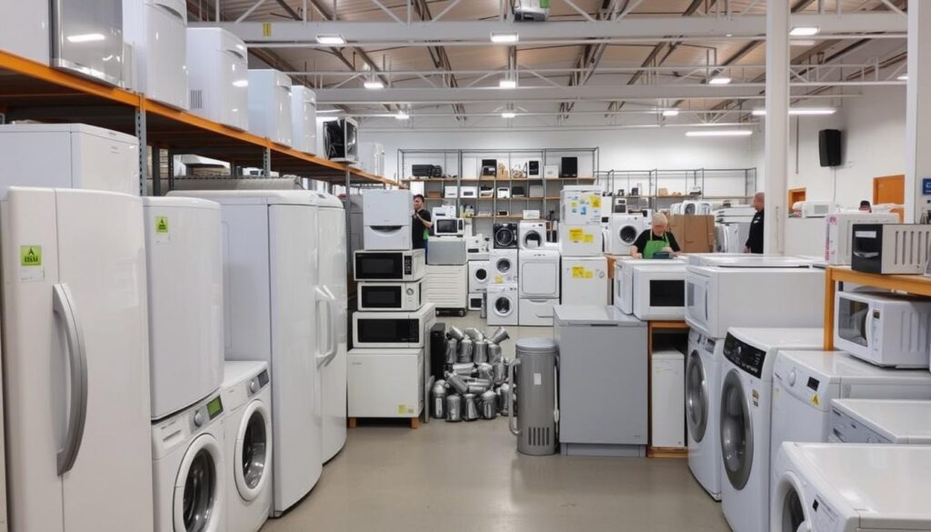 A modern, well-lit recycling centre in Coventry, showcasing a diverse array of donated household appliances neatly arranged on shelves. In the foreground, a selection of clean, refurbished refrigerators, washing machines, and dishwashers stand ready for resale or recycling. The middle ground features an assortment of smaller electronics like microwaves, toasters, and blenders, all meticulously organized. In the background, workers diligently sort and process incoming donations, maintaining the efficient flow of the facility. The overall atmosphere is one of environmental responsibility and community-driven sustainability.