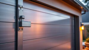 A modern, well-secured garage door with a sleek, minimalist design. The door features high-quality materials like steel or aluminum, with a brushed metal finish that catches the warm, ambient lighting. In the foreground, a close-up of the door's locking mechanism showcases the advanced security features, including a reinforced deadbolt and tamper-resistant hinges. The middle ground reveals the door's seamless integration with the garage's exterior, complementing the home's architectural style. The background softly fades into a peaceful, suburban landscape, suggesting a sense of safety and tranquility.